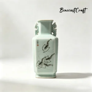 Master-level Luqing ceramic carved square vase with engraved shrimp design, overall view of celadon porcelain art, by BenecustCraft.