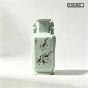 Master-level Luqing ceramic carved square vase with engraved shrimp design, overall view of celadon porcelain art, by Heritage & Craft.
