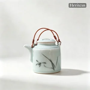Master-level Luqing ceramic carved celadon teapot with hand-engraved floral design, overall view of celadon porcelain art, by Heritage & Craft.