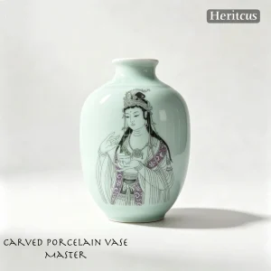 Master-level Luqing ceramic carved vase with Guanyin Bodhisattva figure, overall view of celadon porcelain art, by Heritage & Craft.