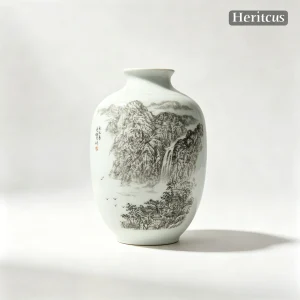 Master-level Luqing ceramic carved vase with Mount Tai mountain landscape, overall view of celadon porcelain art, by Heritage & Craft.