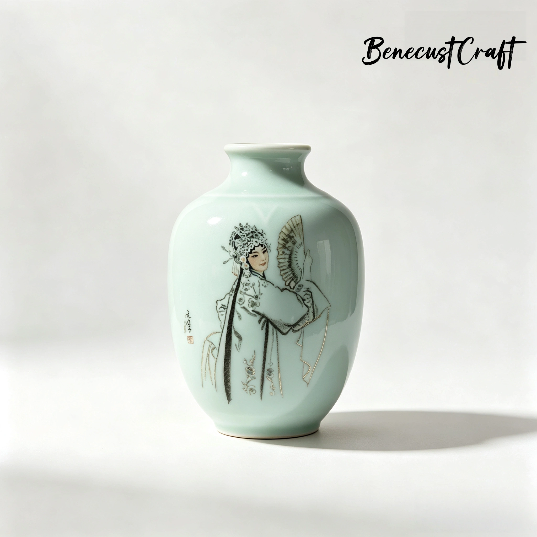 Master-level Luqing ceramic carved vase with Chinese opera figures, overall view of celadon porcelain art, by BenecustCraft.