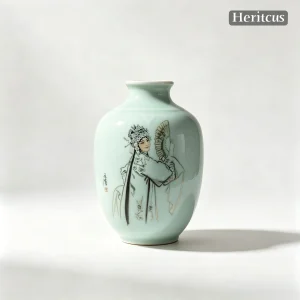 Master-level Luqing ceramic carved vase with Chinese opera figures, overall view of celadon porcelain art, by Heritage & Craft.