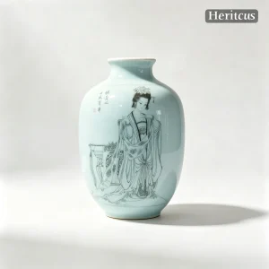 Master-level Luqing ceramic carved vase with Yang Guifei beauty design, overall view of celadon porcelain art, by Heritage & Craft.