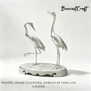 pewter figurine，Handcrafted tin crane figurine sculpture, symbol of longevity and elegance in Chinese tradition, by BenecustCraft