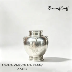 tea tin canisteris，Hand-engraved tin bottle-shaped tea caddy with traditional Chinese motifs, overall view of carved metal craft, by BenecustCraft