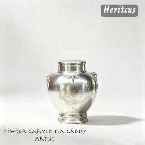 tea tin canisteris,Hand-engraved tin bottle-shaped tea caddy with traditional Chinese motifs, overall view of carved metal craft, by Heritage & Craft.