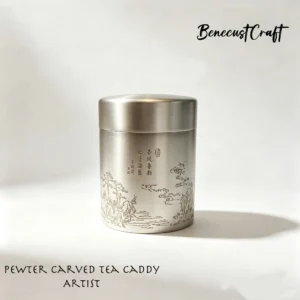 Hand-engraved tin tea caddy with traditional Chinese motifs, overall view of carved metal craft, by BenecustCraft.