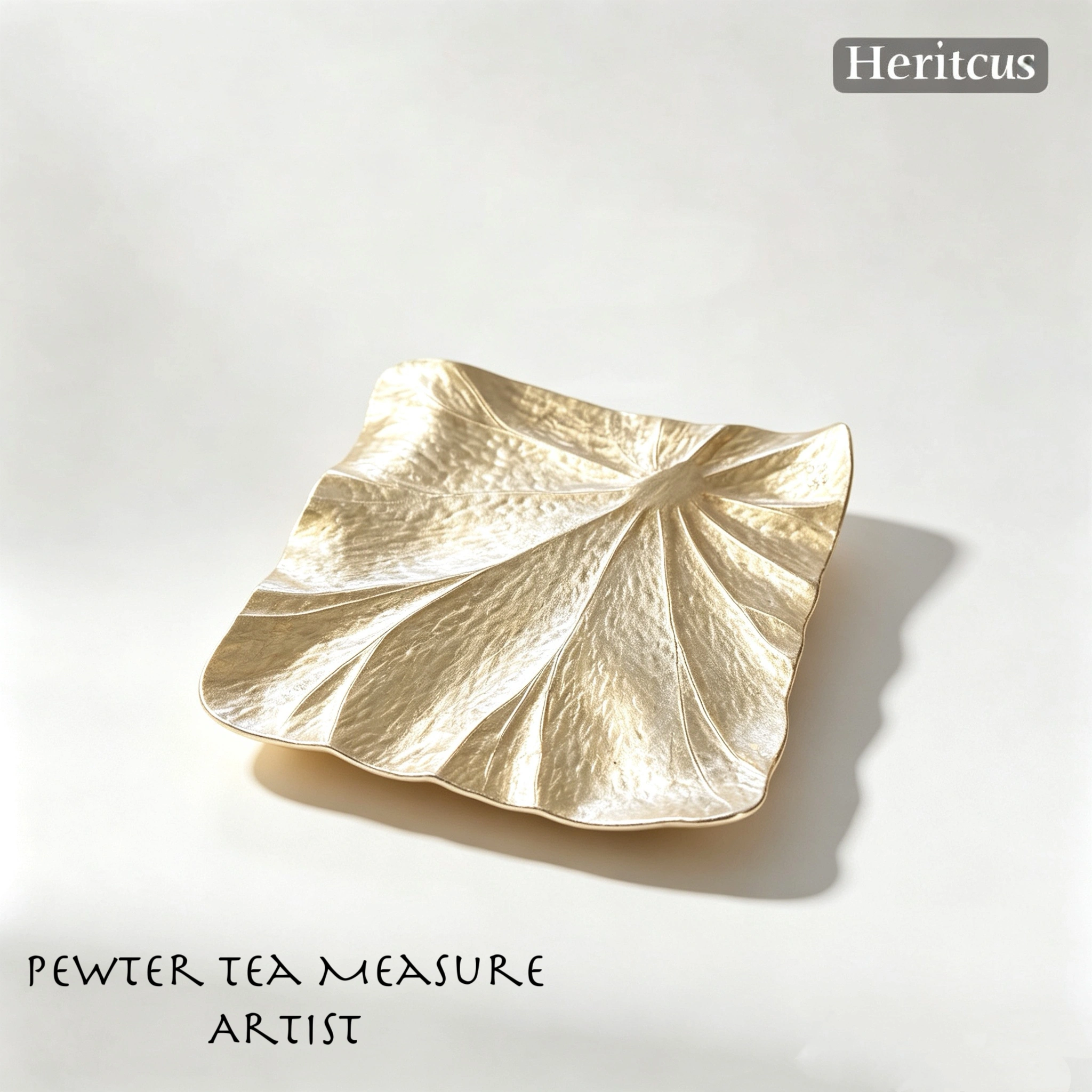 Hand-engraved pure tin tea scoop with square leaf design