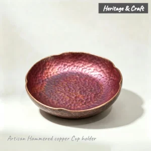 Chinese tea ceremony set tea cup holder red oxide hammered copper finish cover view, by Heritage & Craft.