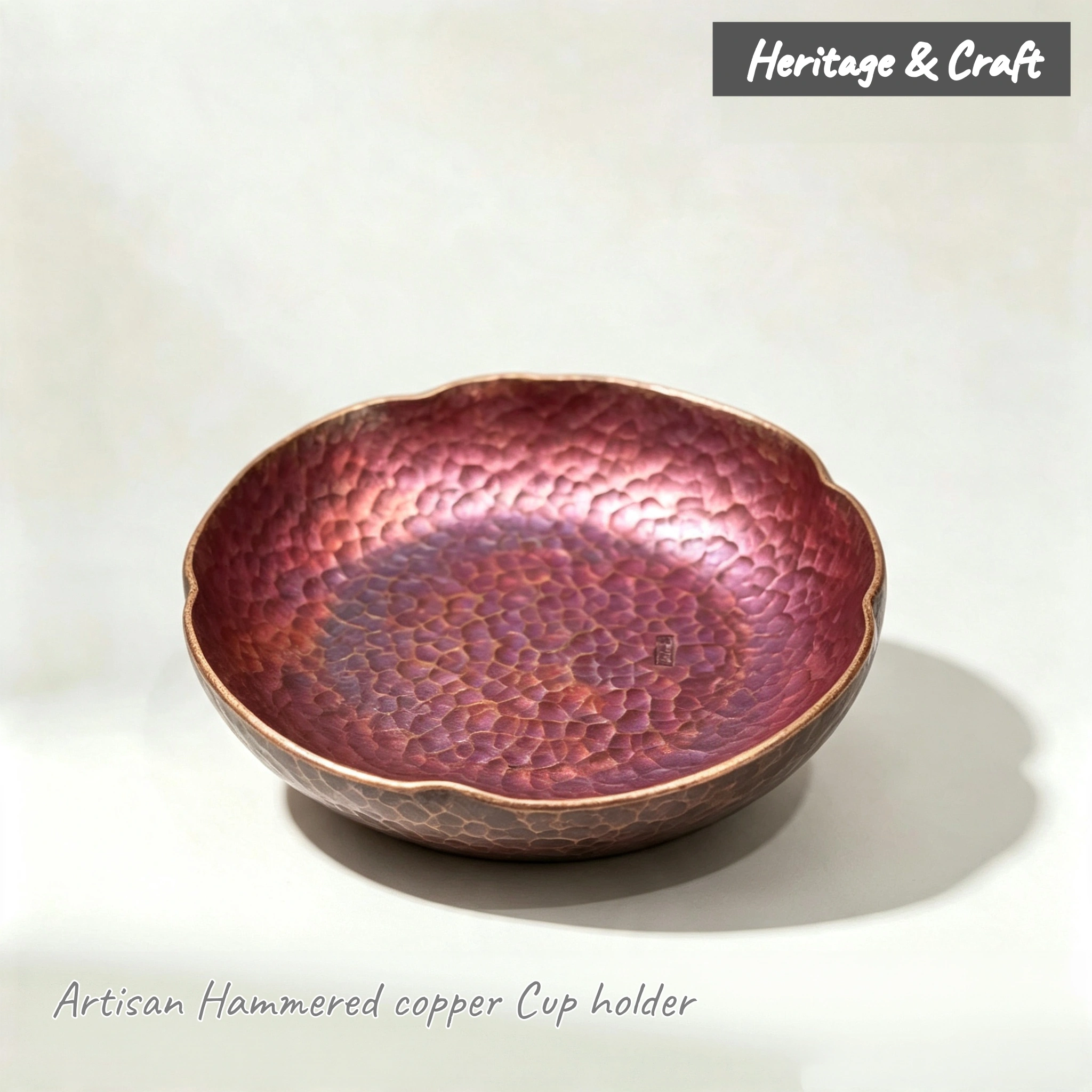 Chinese tea ceremony set tea cup holder red oxide hammered copper finish cover view, by Heritage & Craft.