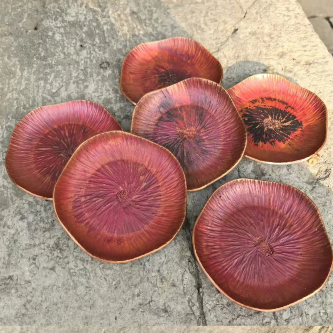 Chinese tea ceremony set tea cup holder red oxide hammered copper finish with hammered texture set of four