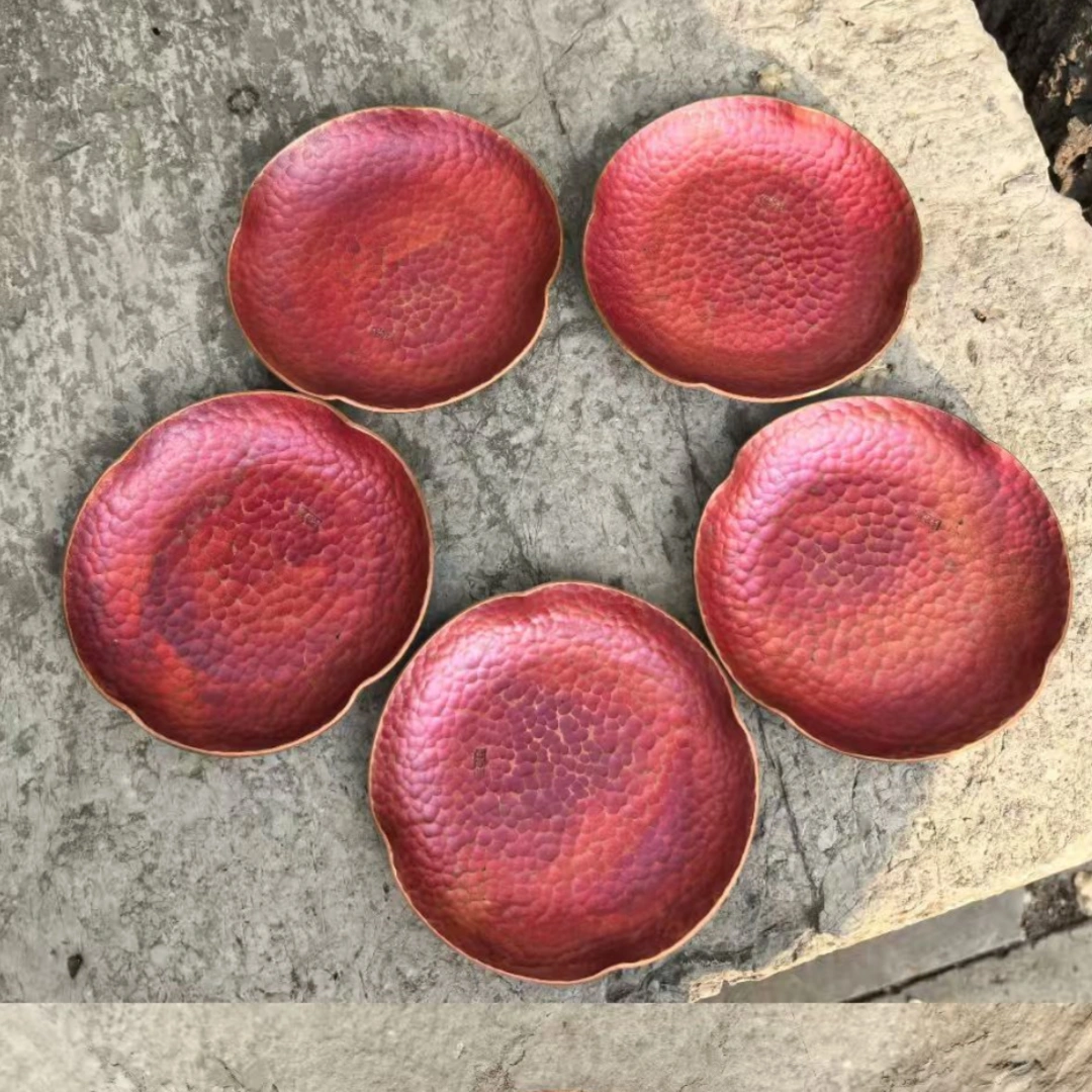 Chinese tea ceremony set tea cup holder red oxide hammered copper finish set of four