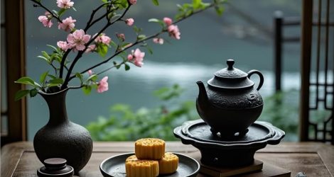 background of Mount Tai silhouette with traditional Chinese aesthetic atmosphere tea