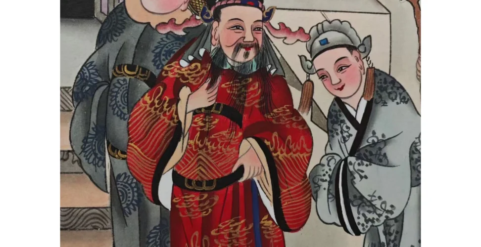 Close-up of ancestral figures‘ faces in Chinese hand-painted scroll, showing traditional Ming/Qing dynasty costume and expression details,