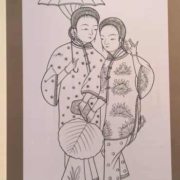 Gaomi Puhui charcoal draft sketch on paper, showing initial outline created with burnt willow stick, traditional Chinese folk art process, by Heritage & Craft.