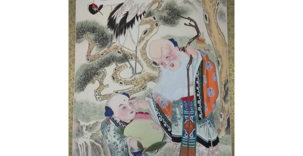 chinese folk art painting of Shou Xing God of Longevity, crane and young attendant, traditional blessing art,
