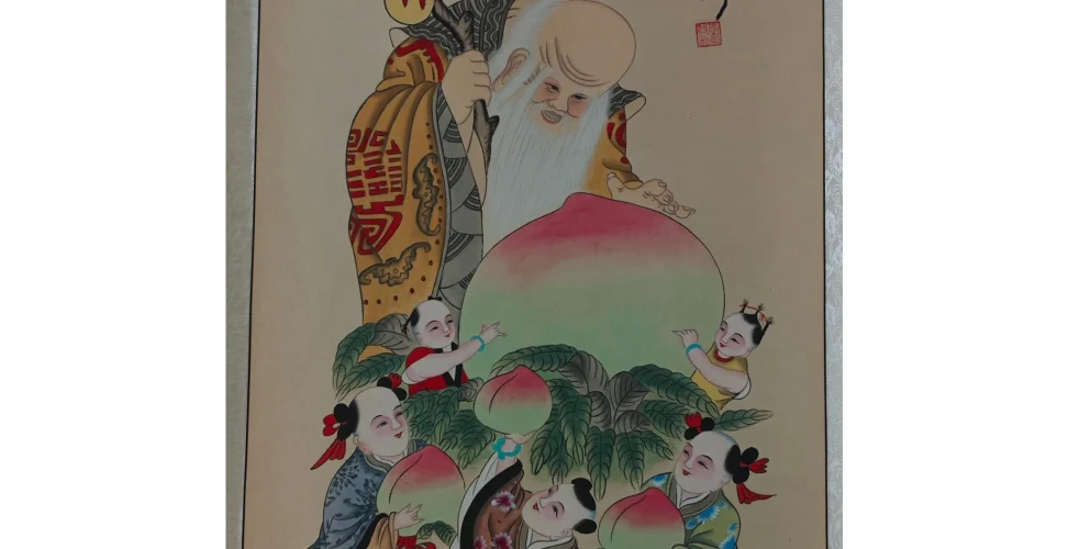 Shou Lao Shou Xing with birthday peaches and five boys offering peaches, symbol of longevity and abundant blessings,