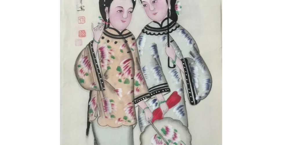 new year painting,chinese folk art painting of sisters walking and chatting, feng shui paintings for bedroom,